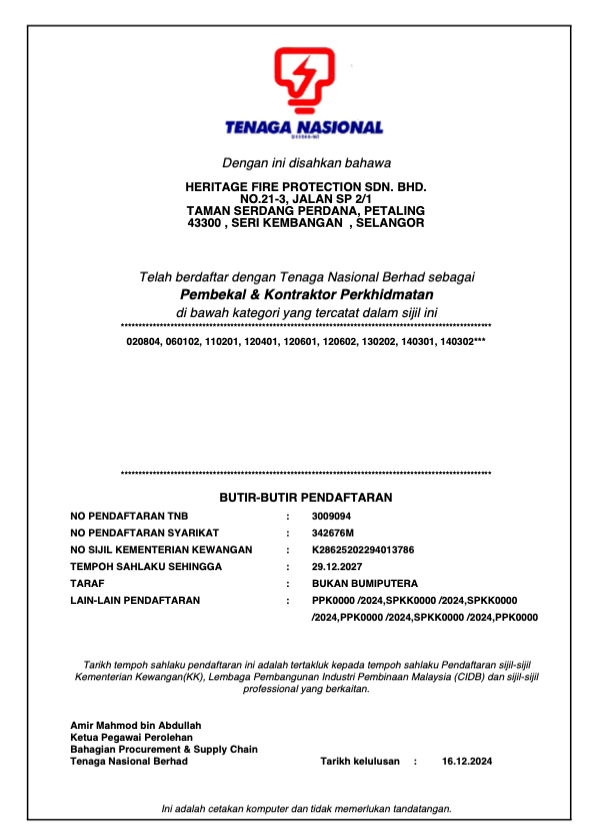 Registration & Certificates – HERITAGE FIRE PROTECTION